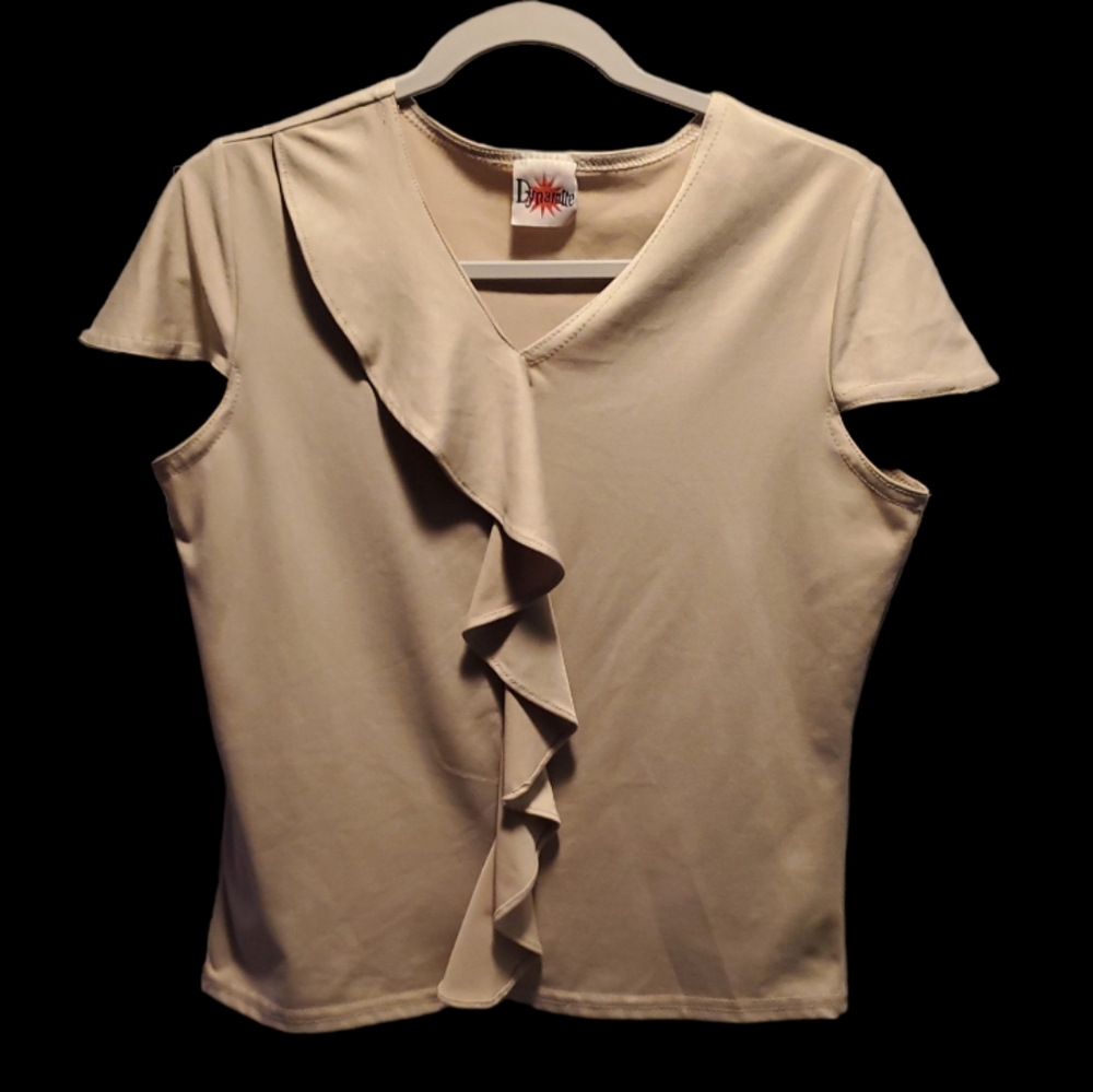 Tan Ruffle Short Sleeve Blouse Large